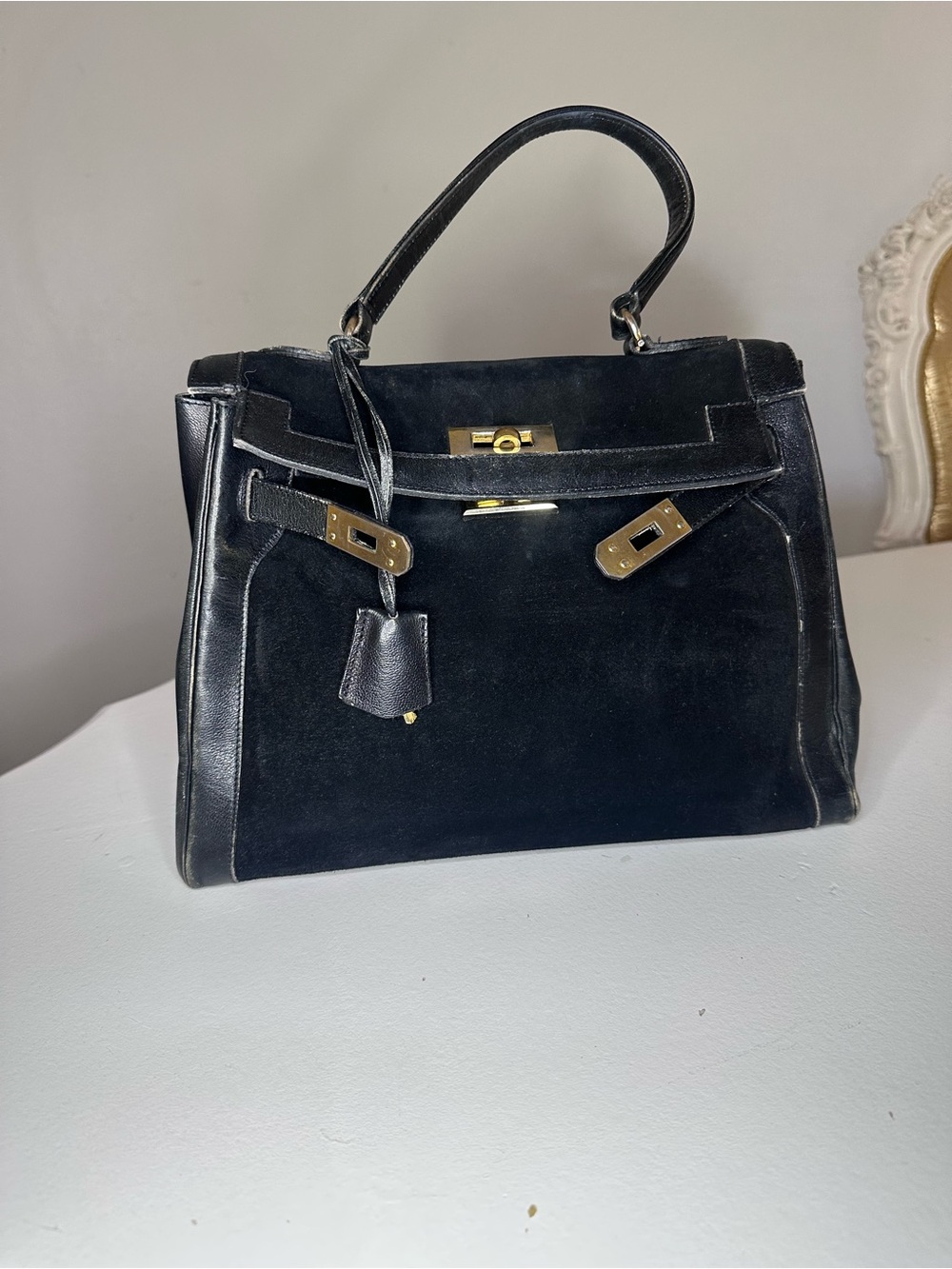 VTG Saks Fifth Avenue Paris Black Leather & Suede Kelly Bag Gold Hardware France